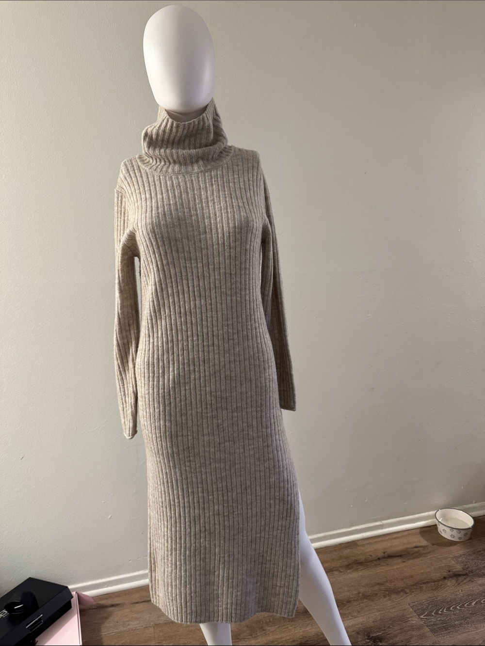 ASOS Ribbed Turtleneck Sweater Dress in Beige